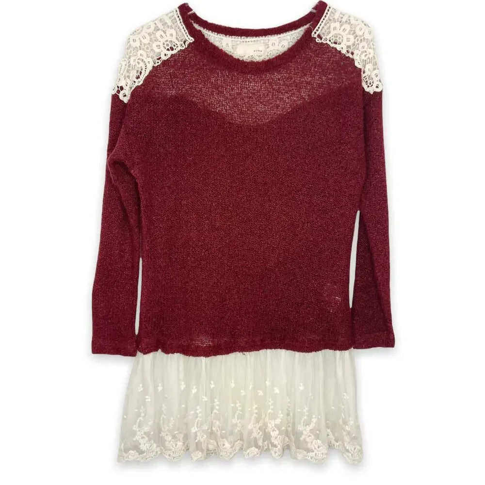 A'reve Ivory Lace Embellished Burgundy Sweater Size Medium